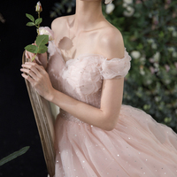 Pink tulle long A line prom dress pink evening dress - Thumbnail 6