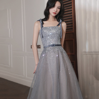 Gray tulle sequins long prom dress A line evening dress - Thumbnail 1