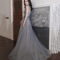 Gray tulle sequins long prom dress A line evening dress - Thumbnail 2