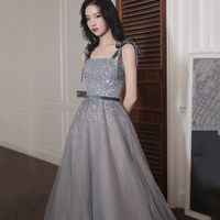 Gray tulle sequins long prom dress A line evening dress - Thumbnail 3