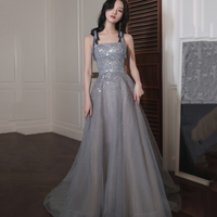 Gray tulle sequins long prom dress A line evening dress - Thumbnail 5