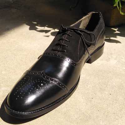 Super hand stitch black wingtip brogue leather lace up shoes - Thumbnail 3