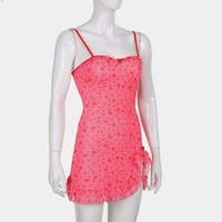 Cute Sweet 90s Pink Heart Print Sleeveless Strap Ruffles Short Mini Dress Aesthetic Casual Summer E-Girl Kawaii Korean Japanese Harajuku - Thumbnail 5