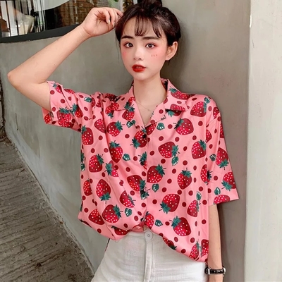 Cute Pink Strawberry Print Button Down Short Sleeve Shirt Blouse Aesthetic Casual Summer E-Girl Kawaii Korean Japanese Harajuku