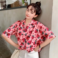 Cute Pink Strawberry Print Button Down Short Sleeve Shirt Blouse Aesthetic Casual Summer E-Girl Kawaii Korean Japanese Harajuku - Thumbnail 1