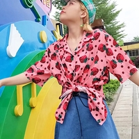 Cute Pink Strawberry Print Button Down Short Sleeve Shirt Blouse Aesthetic Casual Summer E-Girl Kawaii Korean Japanese Harajuku - Thumbnail 2