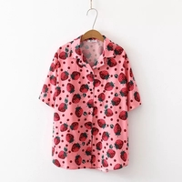 Cute Pink Strawberry Print Button Down Short Sleeve Shirt Blouse Aesthetic Casual Summer E-Girl Kawaii Korean Japanese Harajuku - Thumbnail 5