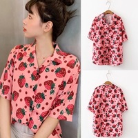 Cute Pink Strawberry Print Button Down Short Sleeve Shirt Blouse Aesthetic Casual Summer E-Girl Kawaii Korean Japanese Harajuku - Thumbnail 6