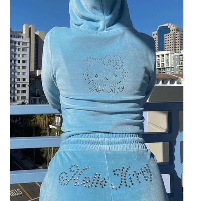 Cute Kitty Cat Rhinestone Crystal Tracksuit Zipper Hoodie Sweatshirt + Pants Trouser Aesthetic Casual E-Girl Kawaii Korean Japanese Harajuku