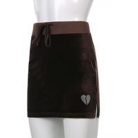 Cute Sexy Brown Rhinestone Crystal Heart Velvet Slit Low Waisted Mini Skirt Bottoms Aesthetic Casual Summer E-Girl Kawaii Korean Japanese Harajuku - Thumbnail 2