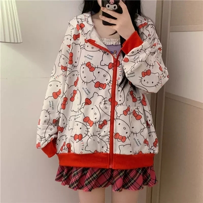 Cute kitty cat cartoon print oversized zipper hoodie sweatshirt long sleeve pullover aesthetic casual summer e-girl kawaii korean japanese harajuku - Thumbnail 3