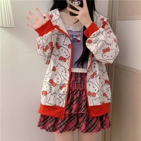 Cute Kitty Cat Cartoon Print Oversized Zipper Hoodie Sweatshirt Long Sleeve Pullover Aesthetic Casual Summer E-Girl Kawaii Korean Japanese Harajuku - Thumbnail 2