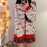 Cute Kitty Cat Cartoon Print Oversized Zipper Hoodie Sweatshirt Long Sleeve Pullover Aesthetic Casual Summer E-Girl Kawaii Korean Japanese Harajuku - Thumbnail 5