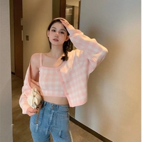 Cute Pastel Candy 2pcs Soft Plaid Knit Cardigan Sweater + Crop Top Vest Aesthetic Casual Summer E-Girl Kawaii Korean Japanese Harajuku - Thumbnail 7