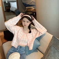 Cute Pastel Candy 2pcs Soft Plaid Knit Cardigan Sweater + Crop Top Vest Aesthetic Casual Summer E-Girl Kawaii Korean Japanese Harajuku - Thumbnail 8