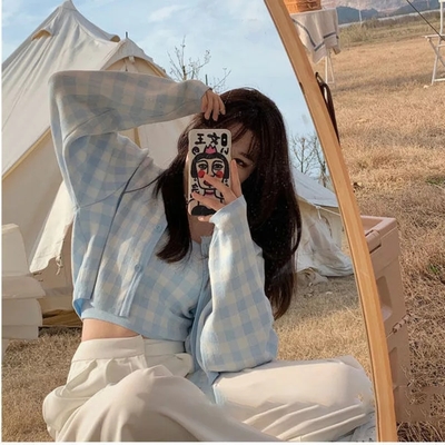 Cute Pastel Candy 2pcs Soft Plaid Knit Cardigan Sweater + Crop Top Vest Aesthetic Casual Summer E-Girl Kawaii Korean Japanese Harajuku