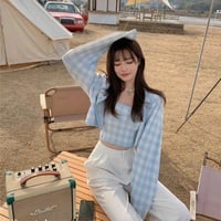 Cute Pastel Candy 2pcs Soft Plaid Knit Cardigan Sweater + Crop Top Vest Aesthetic Casual Summer E-Girl Kawaii Korean Japanese Harajuku - Thumbnail 1