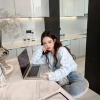 Cute Pastel Candy 2pcs Soft Plaid Knit Cardigan Sweater + Crop Top Vest Aesthetic Casual Summer E-Girl Kawaii Korean Japanese Harajuku - Thumbnail 5