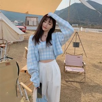 Cute Pastel Candy 2pcs Soft Plaid Knit Cardigan Sweater + Crop Top Vest Aesthetic Casual Summer E-Girl Kawaii Korean Japanese Harajuku - Thumbnail 3