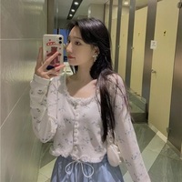 Sweet Floral Lace Chic Cardigan Patchwork Long Sleeve Shirt Crop Top Casual Summer E-Girl Kawaii Korean Japanese Harajuku - Thumbnail 1