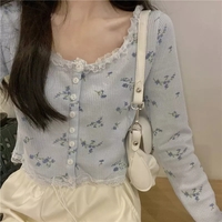 Sweet Floral Lace Chic Cardigan Patchwork Long Sleeve Shirt Crop Top Casual Summer E-Girl Kawaii Korean Japanese Harajuku - Thumbnail 6