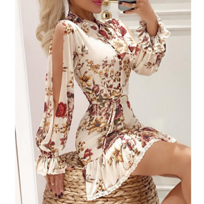 Long sleeve flowers ruffle dress - Thumbnail 3