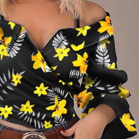 V-Neck Long Sleeve Off Shoulder Shirt Top - Thumbnail 1