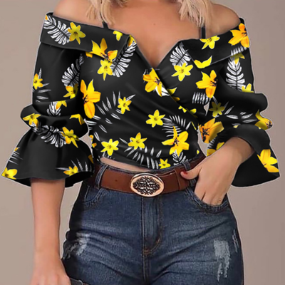 V-neck long sleeve off shoulder shirt top - Thumbnail 4