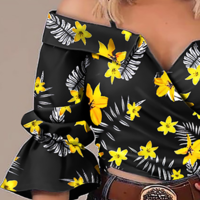 V-Neck Long Sleeve Off Shoulder Shirt Top - Thumbnail 2