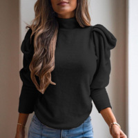 Solid Color High-Necked Long-Sleeved Sweater - Thumbnail 2