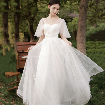 White tulle long a line prom dress bridesmaid dress - Thumbnail 3