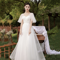 White tulle long A line prom dress bridesmaid dress - Thumbnail 1