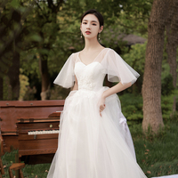 White tulle long A line prom dress bridesmaid dress - Thumbnail 2