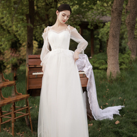 White tulle long A line prom dress bridesmaid dress - Thumbnail 4