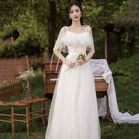 White tulle long A line prom dress bridesmaid dress - Thumbnail 5