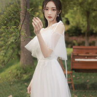 White tulle long A line prom dress bridesmaid dress - Thumbnail 6