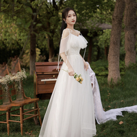 White tulle long A line prom dress bridesmaid dress - Thumbnail 7