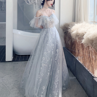 Gray tulle long a line prom dress bridesmaid dress - Thumbnail 1