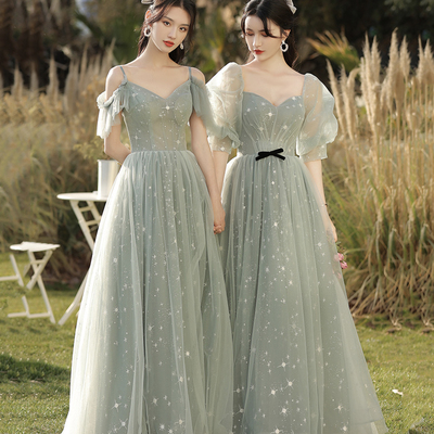 Green tulle long a line prom dress bridesmaid dress - Thumbnail 4