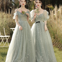 Green tulle long A line prom dress bridesmaid dress - Thumbnail 1