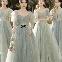 Green tulle long A line prom dress bridesmaid dress - Thumbnail 6