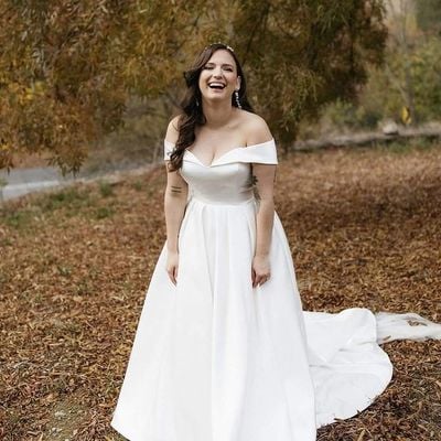 Simple a-line off the shoulder white satin wedding dresses - Thumbnail 1