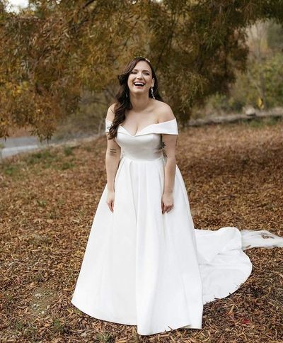 Simple A-Line Off the Shoulder White Satin Wedding Dresses