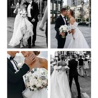 Princess A-Line Off the Shoulder Sparkly Tulle White Wedding Dresses with Lace Appliques - Thumbnail 3