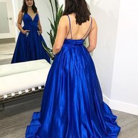 SP1633,V Neck Royal Blue Satin Long Prom Dresses with Pocket,Royal Blue Formal Evening Dresses - Thumbnail 1