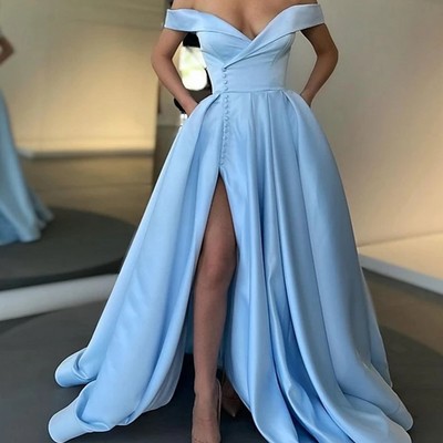 Sp1636,off the shoulder a-line prom dresses,light blue/red satin evening dresses with side slit - Thumbnail 3