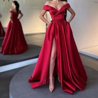 SP1636,Off the Shoulder A-Line Prom Dresses,Light Blue/Red Satin Evening Dresses with Side Slit - Thumbnail 1