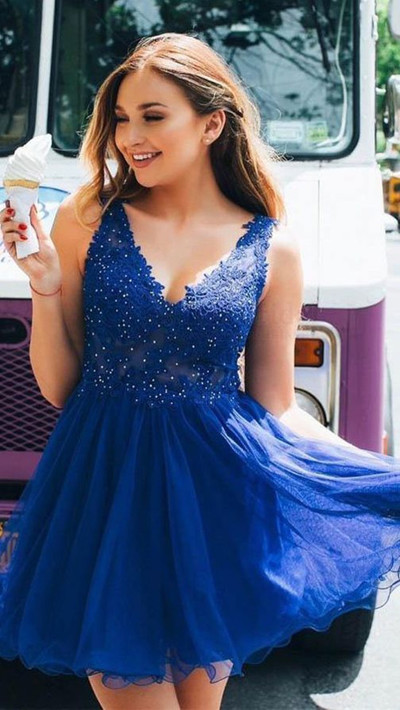 SP1643,Royal Blue Organza Beaded Homecoming Dresses,Mini Graduation Dresses