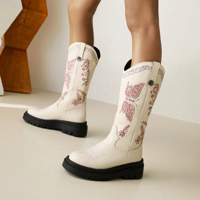 Vintage Butterfly Embroidered Cowboy Boots