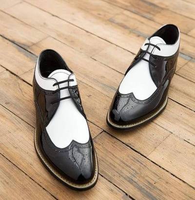 New Pure Handmade Black & White Patent Leather Lace Up Shoes For Men's